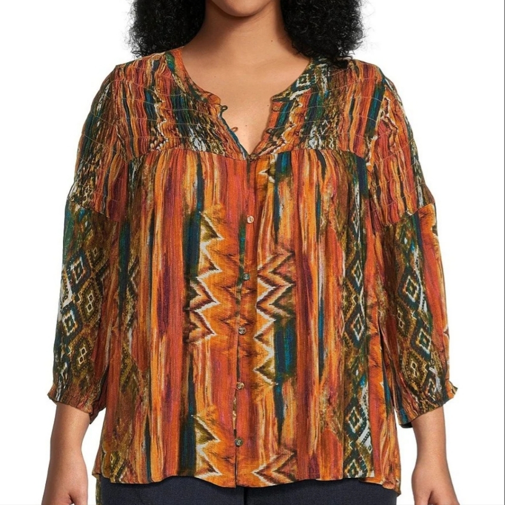 Intro Crinkle Gauze Ikat Print 3/4 Sleeve Smocked Detail Button-Front 1X